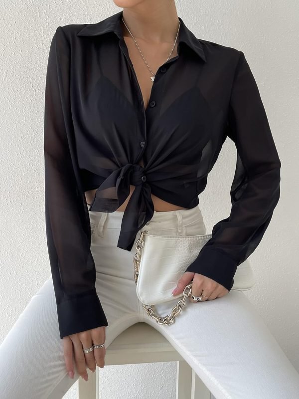 81Ld6zKVOuL._AC_SL1500 Women's Sheer Mesh Button Up Shirt Long Sleeve See Through Blouse