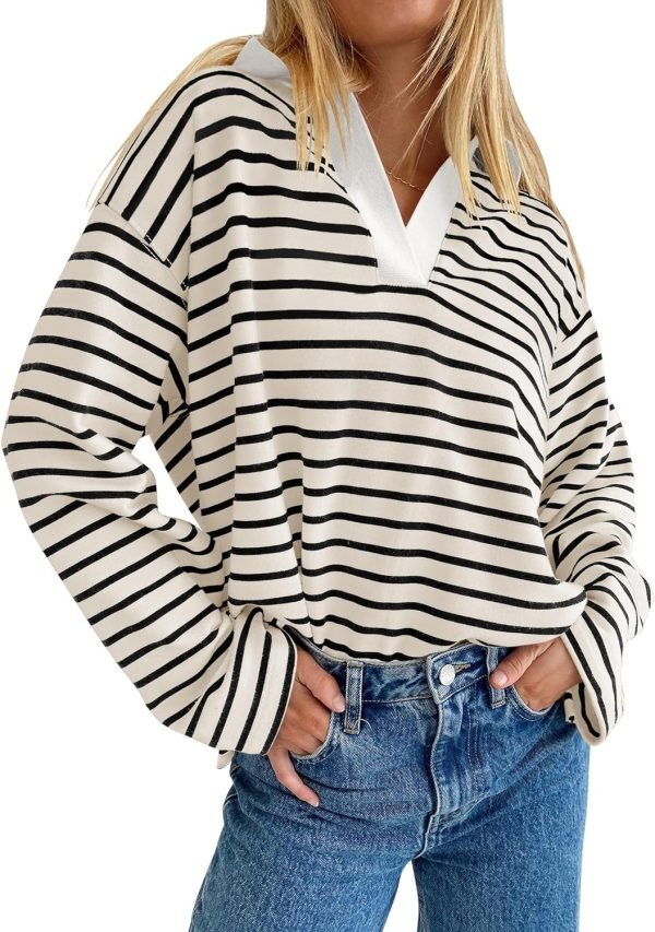 81LtXnhZ6zL._AC_SL1500 Womens Striped Long Sleeve Shirts 2024 Casual V Neck Oversized Sweatshirt Loose Fit Tunic Tops Fall Blouses