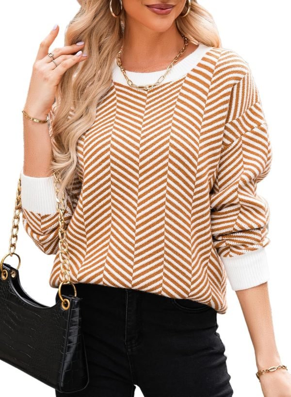 81LxVvDk3cL._AC_SL1500 Women's Crewneck Cute Sweaters 2024 Striped Colorblock Fall Winter Knitted Pullover Tops