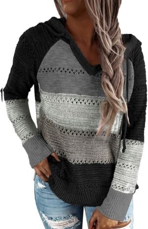 81MdEAfXE9L._AC_SL1500 Women Color Block Hooded Crochet Striped Sweaters Lightweight Drawstring Hoodies Pullover Trendy Sweatshirts