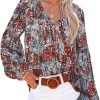 Women's Casual Boho Floral Print V Neck Long Sleeve T Shirt Blouses