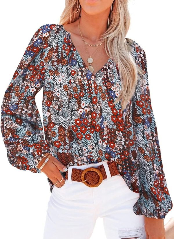Women's Casual Boho Floral Print V Neck Long Sleeve T Shirt Blouses