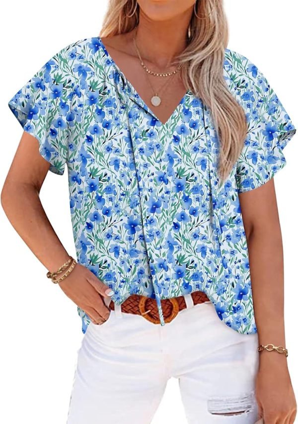 Womens 2024 Summer Tunic Tops Casual Short Sleeve Blouses V Neck Dressy Chiffon Boho Tshirts