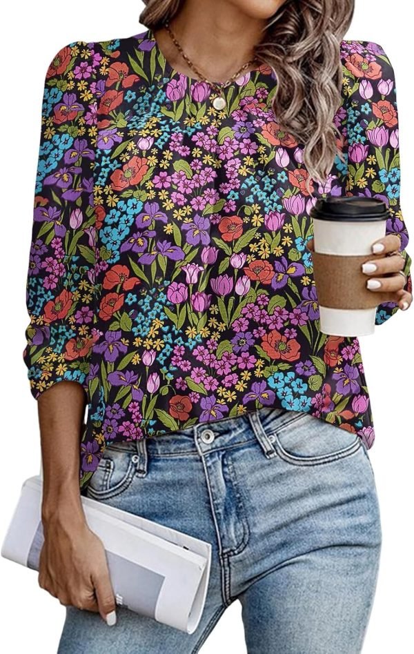 Womens Tops Dressy Casual Pleated Crew Neck Long Sleeve Shirts Office Work Chiffon Blouses