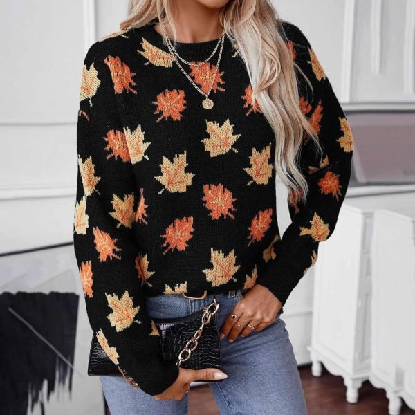 Women's Casual Maple Leaf Print Crewneck Knit Sweater 2024 Fall Winter Fashion Long Sleeve Graphic Loose Jumpers Tops
