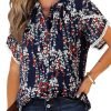 Womens Tops Summer Casual Boho Floral Print Short Sleeve Half Button Down V Neck Chiffon Blouses Shirts