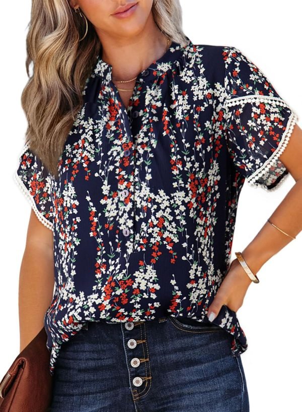 Womens Tops Summer Casual Boho Floral Print Short Sleeve Half Button Down V Neck Chiffon Blouses Shirts
