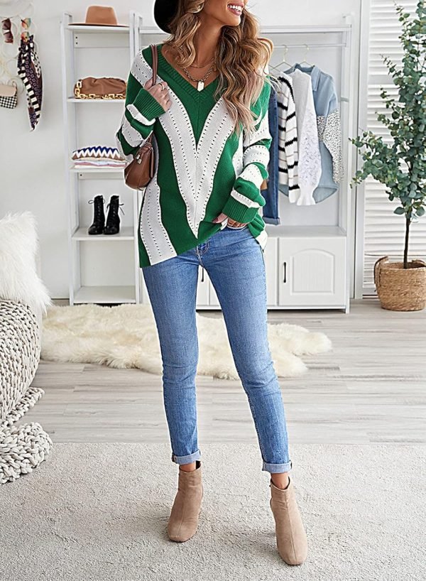 Womens 2024 Deep V Neck Sweaters Striped Long Sleeve Knit Pullover Sweaters for Women