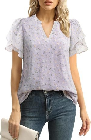 81OnOL4vLPL._AC_SL1500 Womens Dressy Chiffon Blouses Summer Puff Petal Short Sleeve Shirts V Neck Casual Work Tops