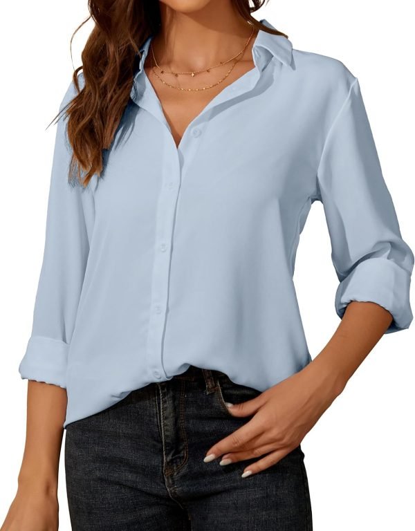Womens Button Down Shirt Long Sleeve Classic Collared Tops Work Office Casual Chiffon Blouse