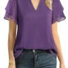 Womens Dressy Chiffon Blouses Summer Puff Petal Short Sleeve Shirts V Neck Casual Work Tops