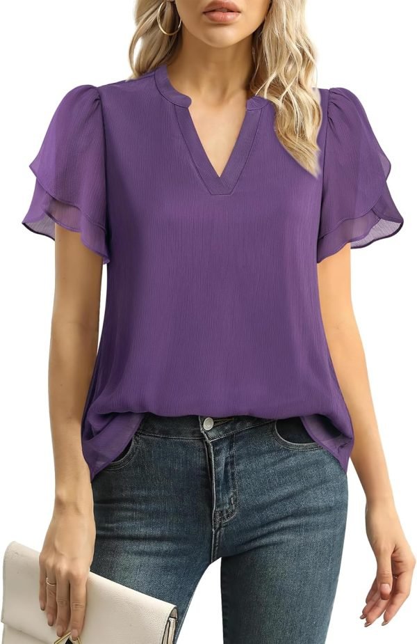 Womens Dressy Chiffon Blouses Summer Puff Petal Short Sleeve Shirts V Neck Casual Work Tops