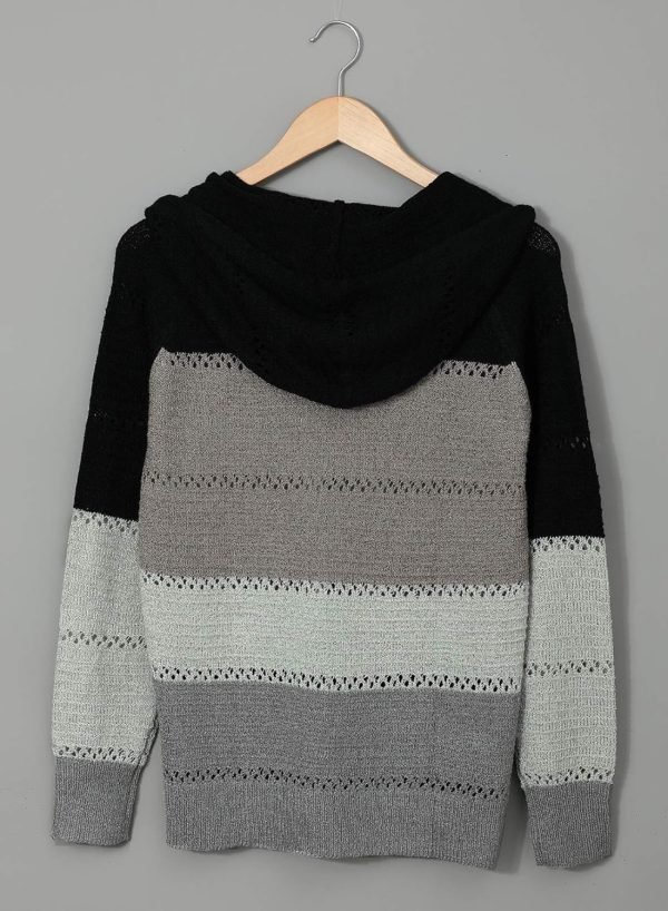 Women Color Block Hooded Crochet Striped Sweaters Lightweight Drawstring Hoodies Pullover Trendy Sweatshirts
