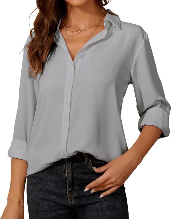 Womens Button Down Shirt Long Sleeve Classic Collared Tops Work Office Casual Chiffon Blouse