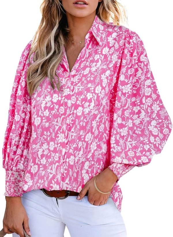 Women 2024 Loose V-Neck Shirts Paisley Print Lantern Sleeve Blouse Tops