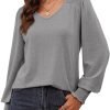 Women's Casual Long Sleeve Tops Shirred Shoulders Solid Color Knit Ribbed T Shirts Blouses