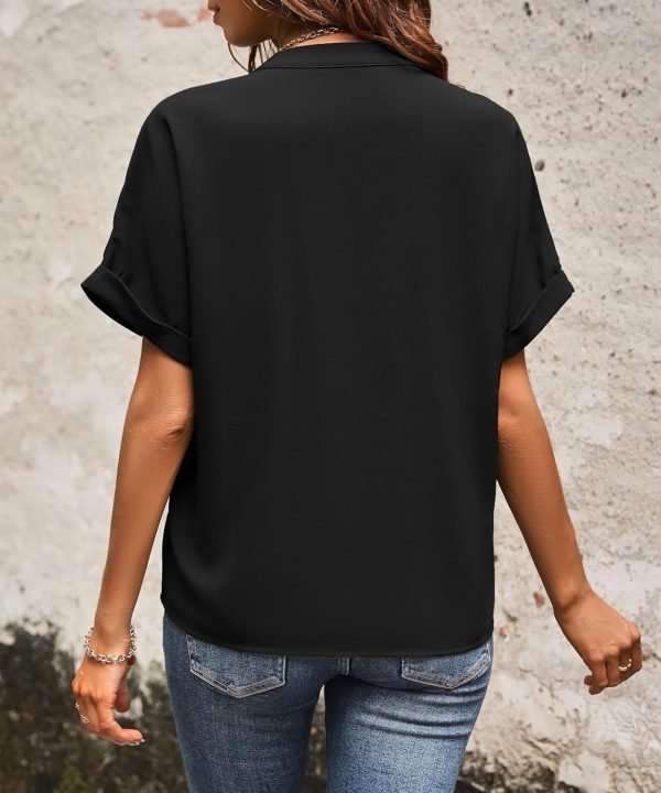 Women Dressy Casual V Neck Short Sleeve Dress Shirts Summer Work Tops Tunics Solid Color Chiffon Blouse