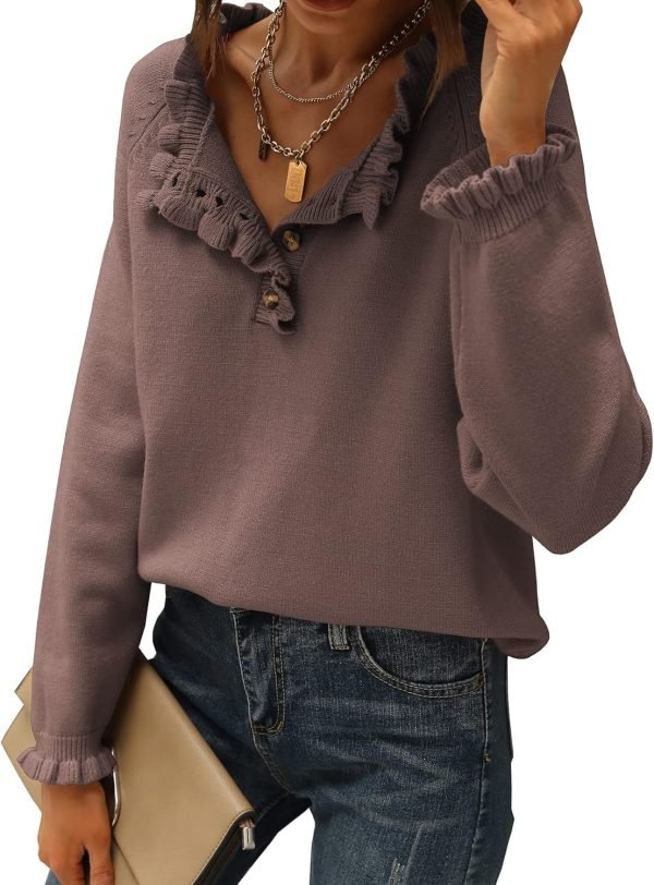 Women's Sweaters Casual Long Sleeve Button Down Crew Neck Ruffle Knit Pullover Sweater Tops Solid Color Striped