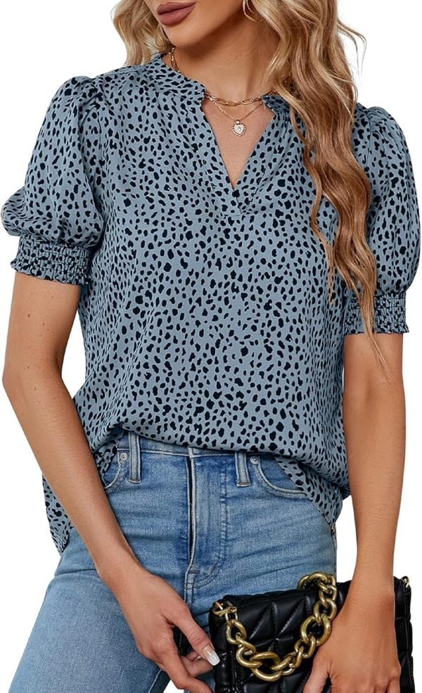 Womens Fashion Blouses Notched V Neck Puffer Short Sleeve Shirt Polka Dot Tops Chiffon Dressy Shirts