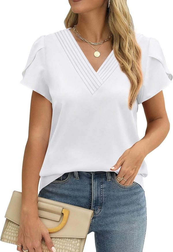 Womens Tops Dressy Casual V Neck Ruffle Short Sleeve Blouse Business Casual Tops Chiffon Flowy Shirt Cute Summer Tops