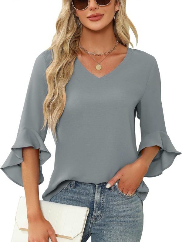 Chiffon Blouses for Women Ruffle 3/4 Sleeve Dressy V Neck Casual Flowy Tunic Tops