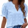 Womens Puff Sleeve Summer Tops Chiffon Short Sleeve Blouses White V Neck Pom Pom Shirts