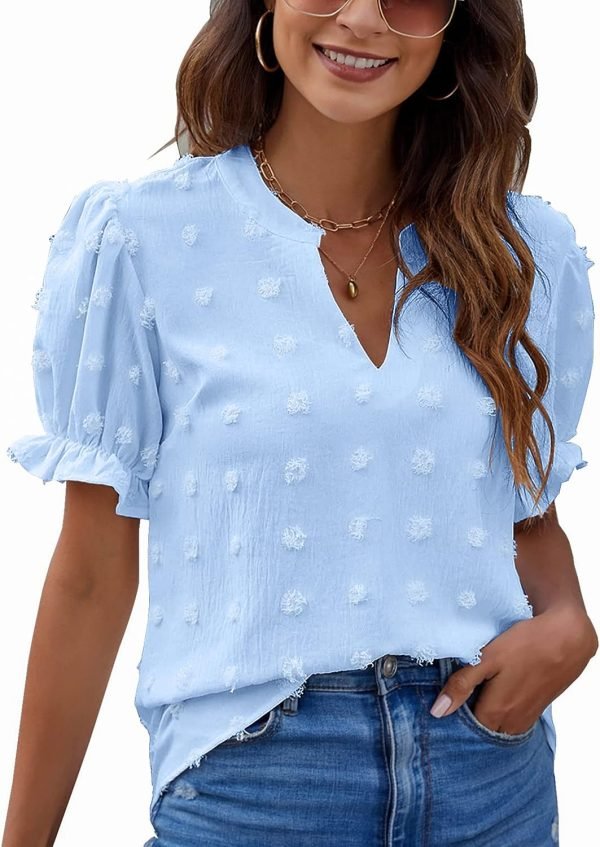 Womens Puff Sleeve Summer Tops Chiffon Short Sleeve Blouses White V Neck Pom Pom Shirts