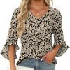 Chiffon Blouses for Women Ruffle 3/4 Sleeve Dressy V Neck Casual Flowy Tunic Tops
