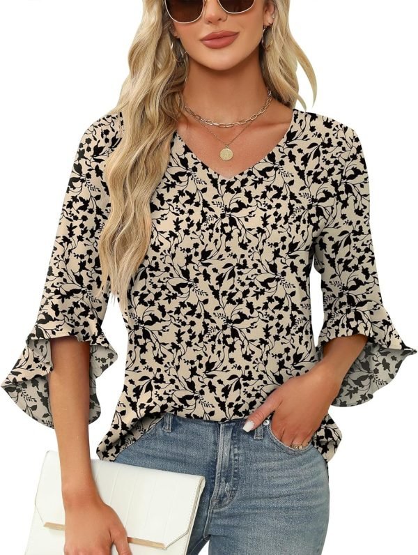 Chiffon Blouses for Women Ruffle 3/4 Sleeve Dressy V Neck Casual Flowy Tunic Tops