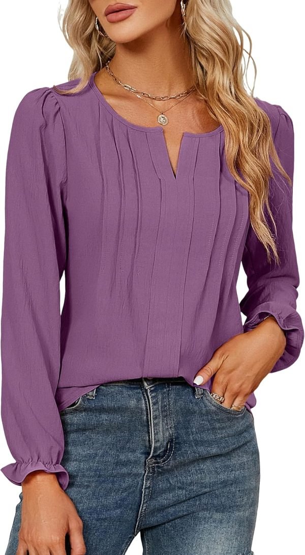Womens Tops Dressy Casual Long Sleeve Shirts V Neck Chiffon Blouses Fall Clothes 2024