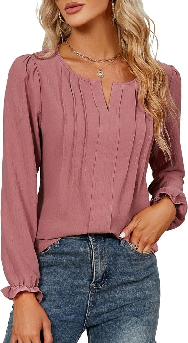 Womens Tops Dressy Casual Long Sleeve Shirts V Neck Chiffon Blouses Fall Clothes 2024