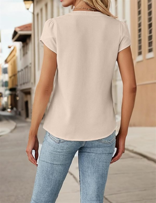 Womens Dressy Casual Tops Business Casual Cap Sleeve Work Blouses Chiffon V Neck Button Down Shirts