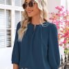 V Neck Puff 3/4 Length Sleeve Womens Tops Dressy Casual Chiffon Work Blouses Pleated T-Shirts Loose Fit S-XXL