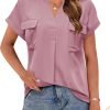 Women Dressy Casual V Neck Short Sleeve Dress Shirts Summer Work Tops Tunics Solid Color Chiffon Blouse