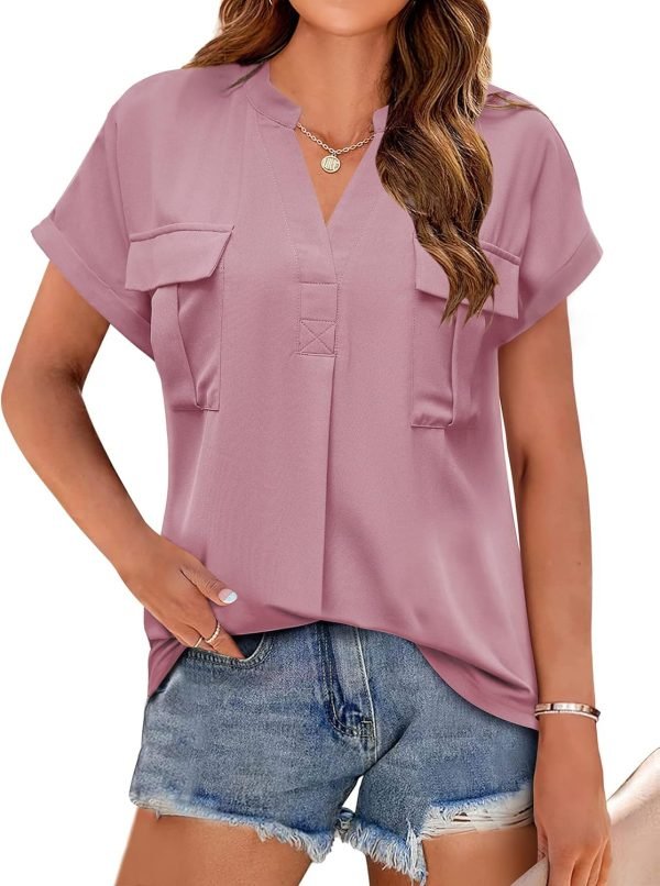 Women Dressy Casual V Neck Short Sleeve Dress Shirts Summer Work Tops Tunics Solid Color Chiffon Blouse