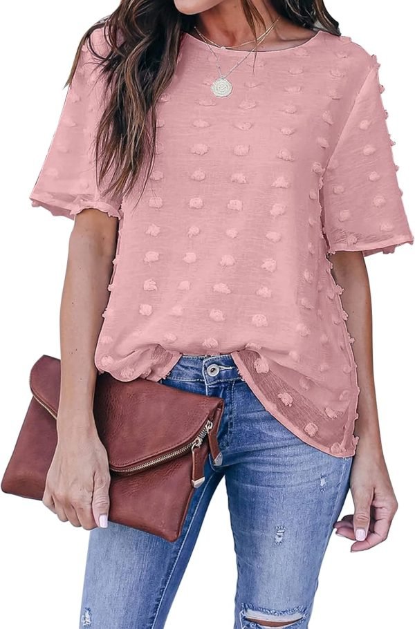 Womens Chiffon Blouse Summer Casual Round Neck Short Sleeve Pom Pom Shirts Top