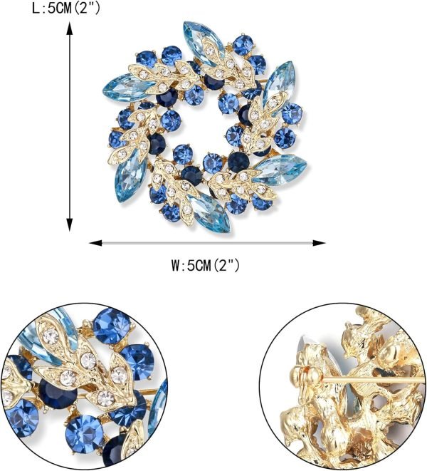 Austrian Crystal Wedding Flower Wreath Brooch Pin Blue Sapphire Color Gold-Tone