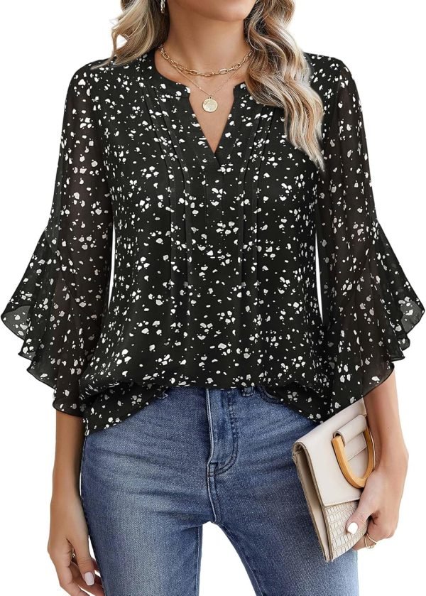 Women's 3/4 Sleeve Tops Dressy Casual Business Work Blouses Chiffon Office Shirts