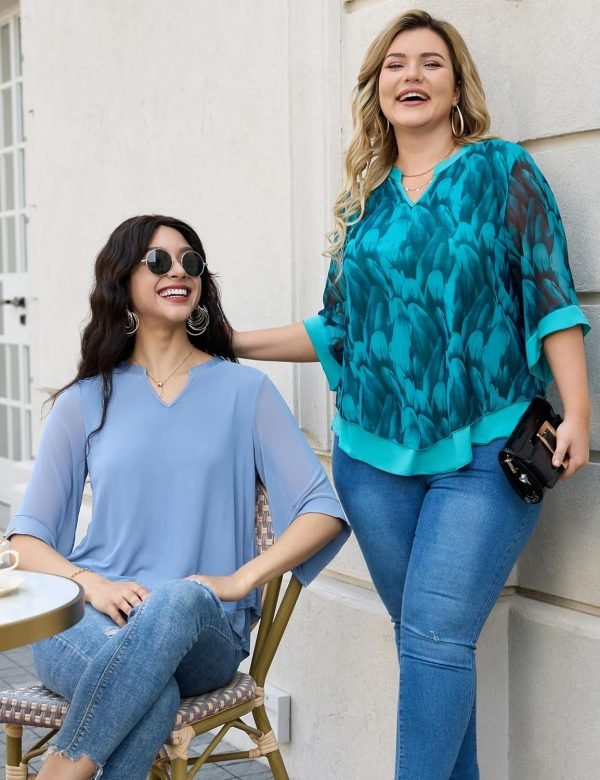 Womens 3/4 Sleeve Chiffon Blouses V Neck Double Layers Mesh Shirts Dressy Flowy Tunic Tops (M-5XL)