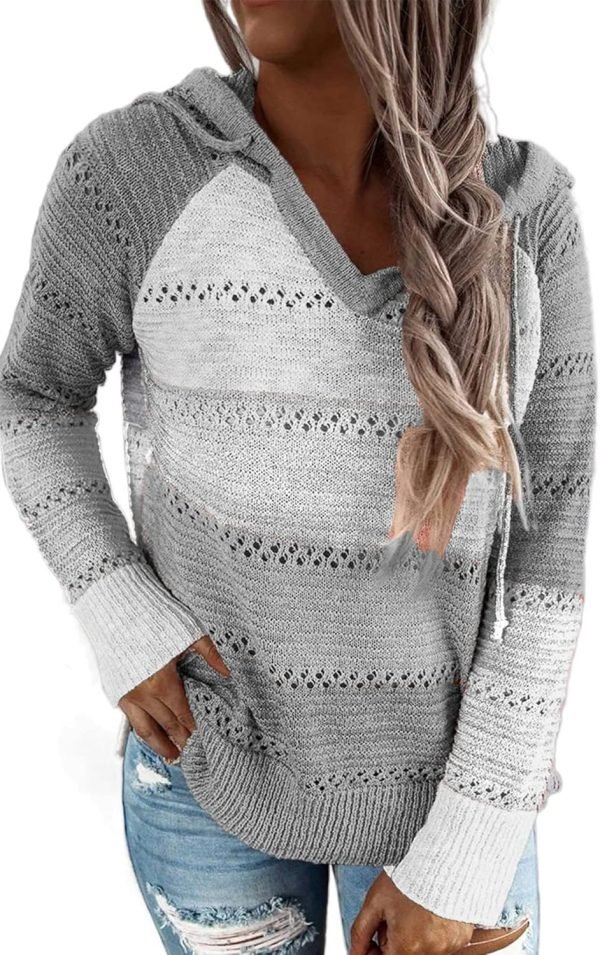 Women Color Block Hooded Crochet Striped Sweaters Lightweight Drawstring Hoodies Pullover Trendy Sweatshirts