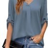 U.Vomade Women's 3/4 Cuffed Sleeve Chiffon V Neck Casual Shirts for Women S-XL