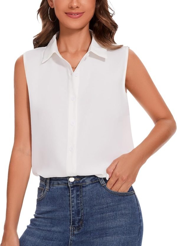 81ZGVR_-9xL._AC_SL1500 Womens Sleeveless Button Down Shirt Classic Collared Blouse Basic Tank Tops Work Office Chiffon Tops