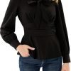 Women's Long Sleeve Peplum Dressy Shirt Office Bow Tie Work Blouses Tops Smocked Waist
