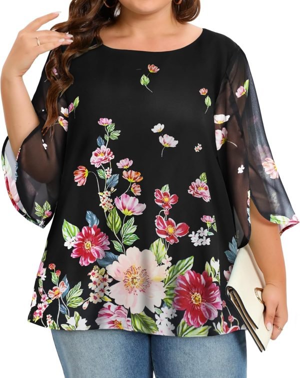 Womens Tops Dressy Casual Summer Chiffon Blouse 3/4 Sleeve Loose Mesh Tunic Shirts