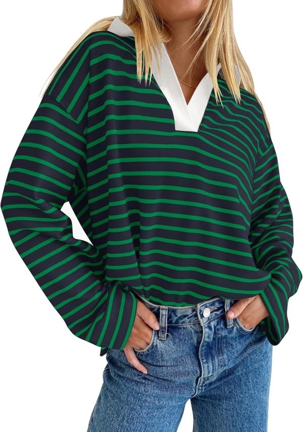 81_8QxjNrXL._AC_SL1500 Womens Striped Long Sleeve Shirts 2024 Casual V Neck Oversized Sweatshirt Loose Fit Tunic Tops Fall Blouses
