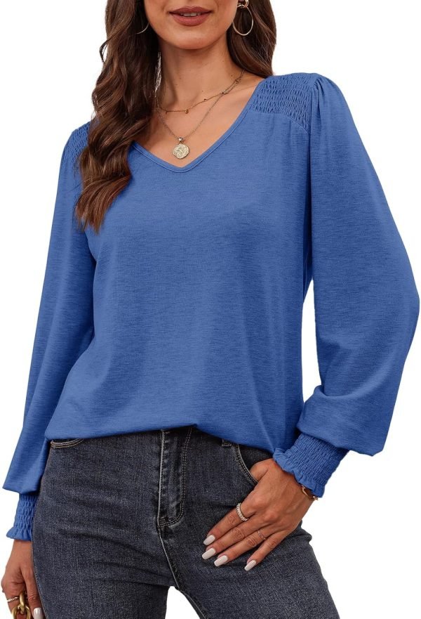 Women's Casual Long Sleeve Tops Shirred Shoulders Solid Color Knit Ribbed T Shirts Blouses