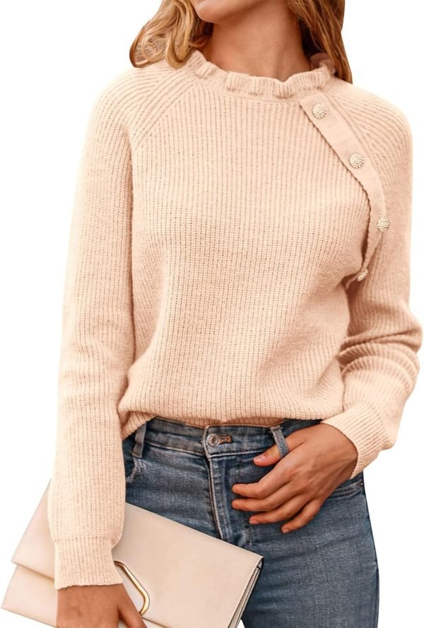 Women's Sweaters Casual Long Sleeve Button Down Crew Neck Ruffle Knit Pullover Sweater Tops Solid Color Striped