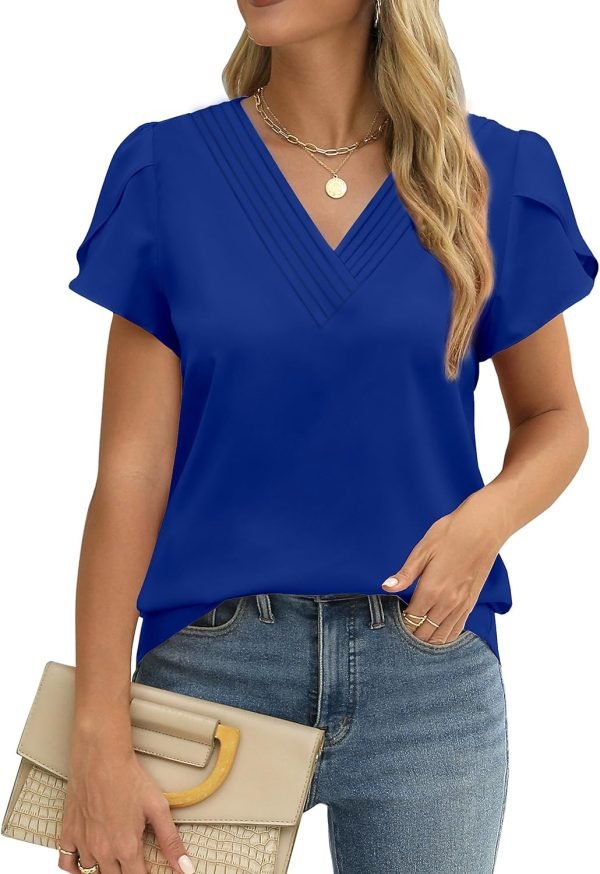 Womens Tops Dressy Casual V Neck Ruffle Short Sleeve Blouse Business Casual Tops Chiffon Flowy Shirt Cute Summer Tops