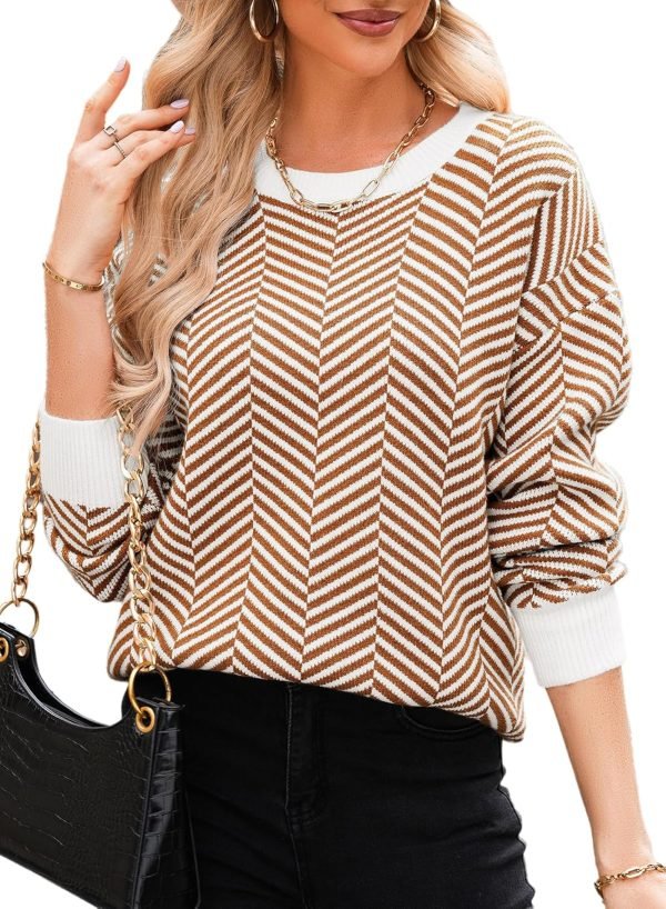 81aA9gyIE4L._AC_SL1500 Women's Crewneck Cute Sweaters 2024 Striped Colorblock Fall Winter Knitted Pullover Tops