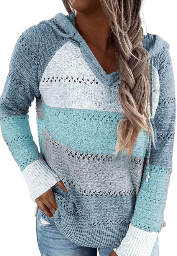 Women Color Block Hooded Crochet Striped Sweaters Lightweight Drawstring Hoodies Pullover Trendy Sweatshirts